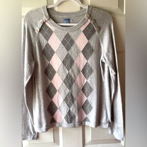 Izod Gray Pink Argyle Diamond Print Shell Button Detail Crew Neck Sweater Large